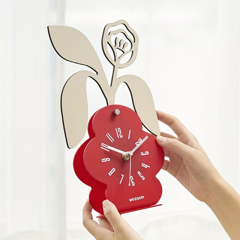 Floral Desktop Clock , Silent Non Ticking Battery Operated, Artificial Wood with Deep Brown Base , White Floral Design, Irregular Shape for Bedroom