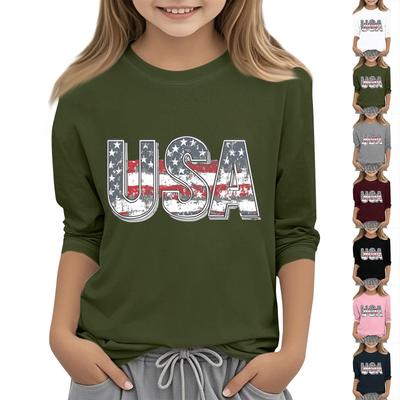 Children's 3/4 Sleeve Independence Day Printed Round Neck Casual T-shirt