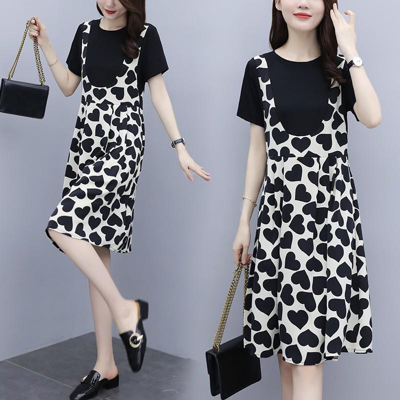 

2023 Summer Women s Love Splicing Short-sleeve Dress with Suspender Skirt 2XL