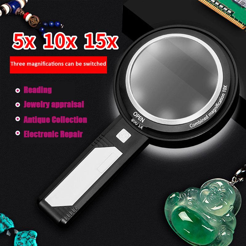 5x 10x 15x Detachable Double-layer Lens Magnifier Handheld Magnifying Glass With Led Uv Light For Reading