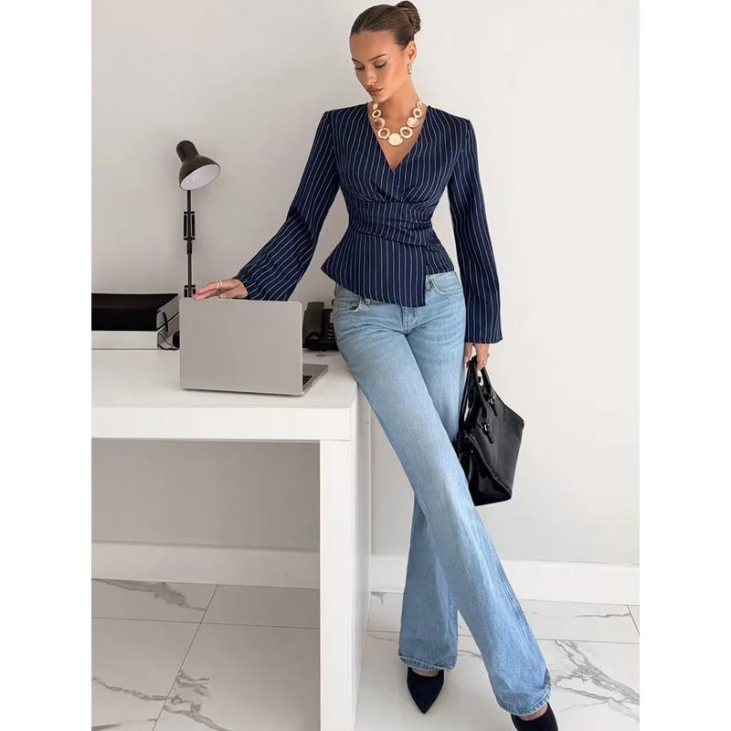 Women S Fashion Long Sleeve V Neck Striped Slim Fit Shirt
