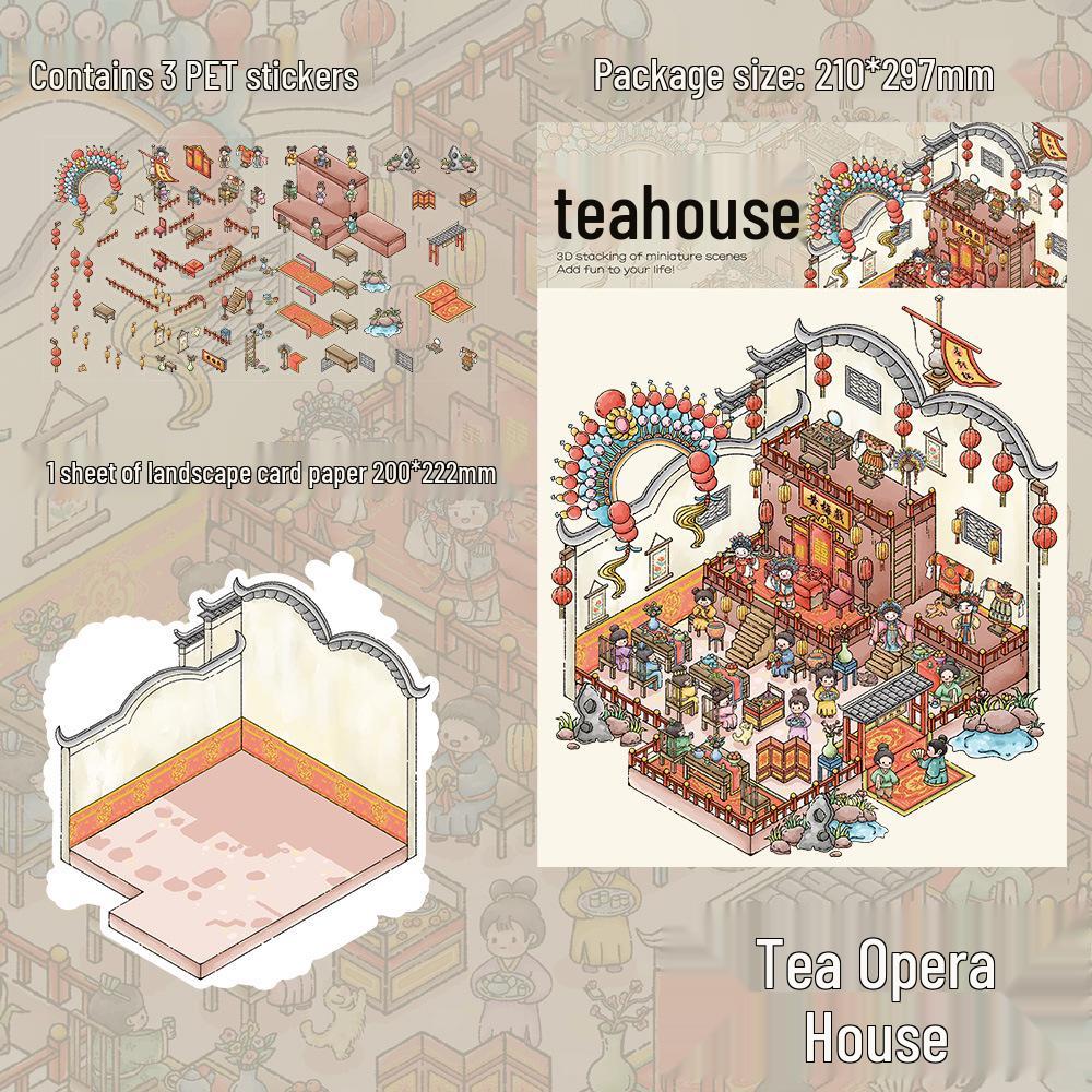 Large Format PET Tea House Scene Landscape Stickers - Handmade DIY Ancient Miniature Journal Decor