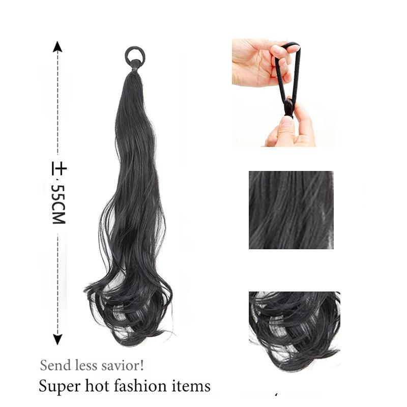 2PC Synthetic Rubber Band Ponytail Sweet Woman Black Slightly Curly Ponytail Extension Long Heat-resistant Wig   Hair Pieces