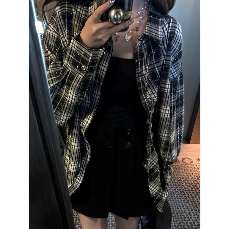 Nuova Camicia a Quadri Lucida con Strass Caldi Industria Pesante Autunnale Stile Pigro Casual Largo da Donna Giacca Trendy