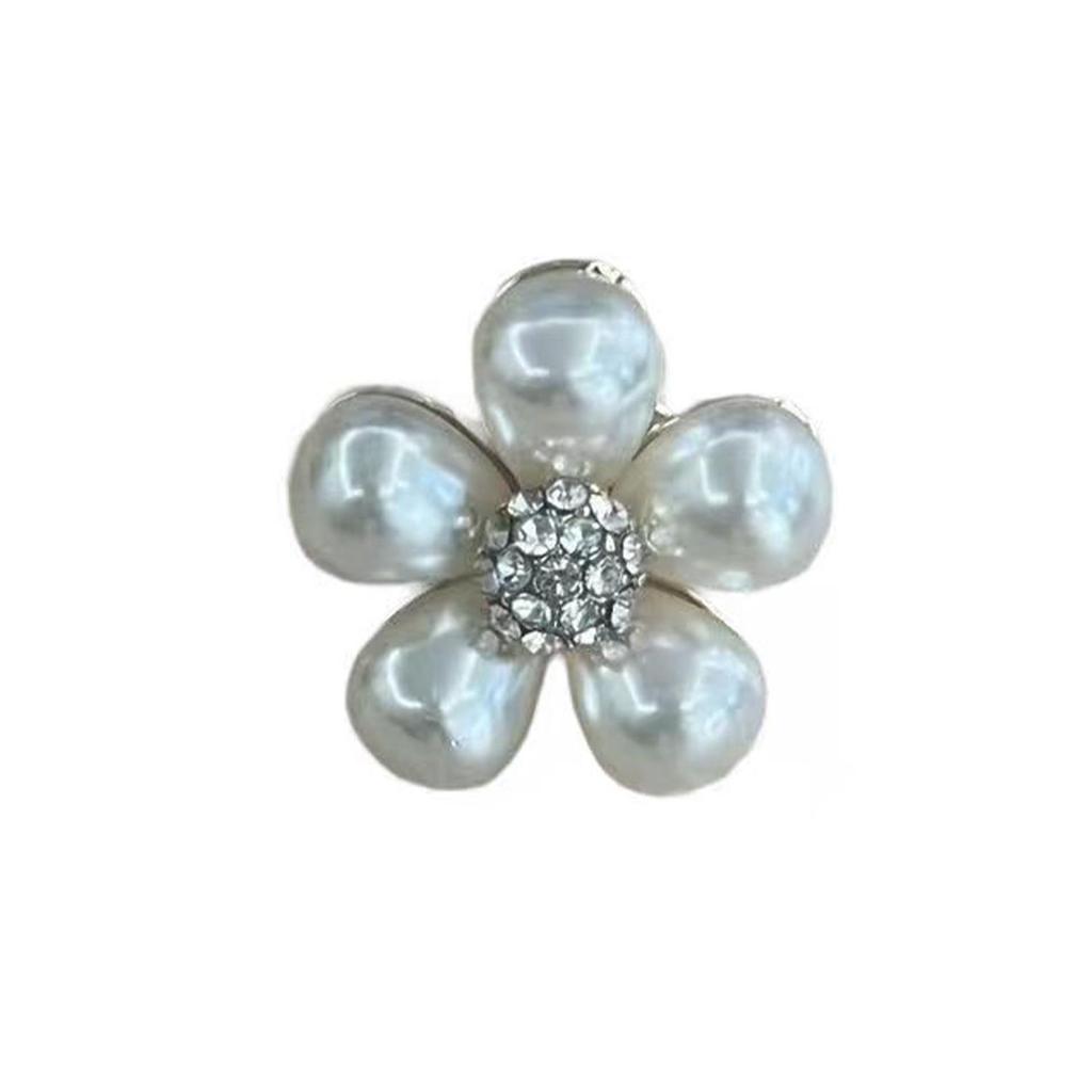 Korean Mini Pearl Flower Brooch with Rhinestone Gold Trim