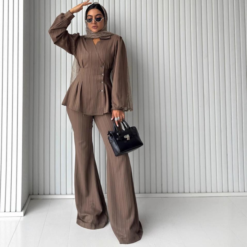2025 Summer Women's Cross-Border Trendy Casual V-Neck Long Sleeve Top & Pants Set