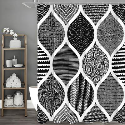 Black Geometric Floral Bohemian Shower Curtain, Bathroom Decorative Shower Curtain, Waterproof Shower Curtain with Hooks