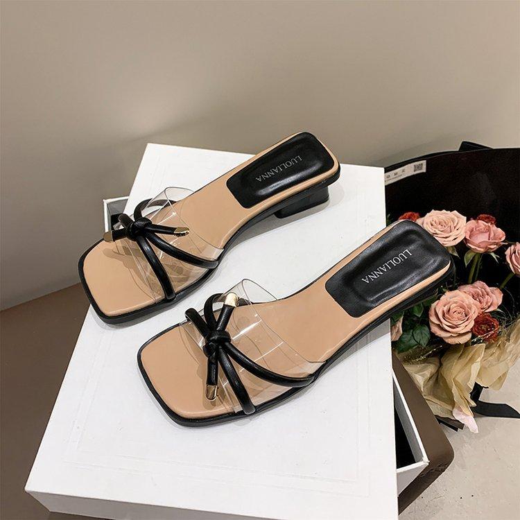

2024 new fashionable square head, one word is not tired, feet are cool, slippers, bow thick heel high heels, femininity, outer wear 35 чёрный