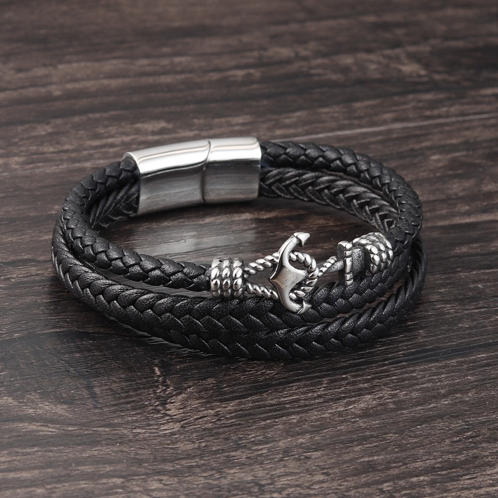 2019Fashion Stainless Steel Anchor Bracelet Men Black Braided Cowhide Leather Rope Bracelets Wrap Punk Charm Jewelry