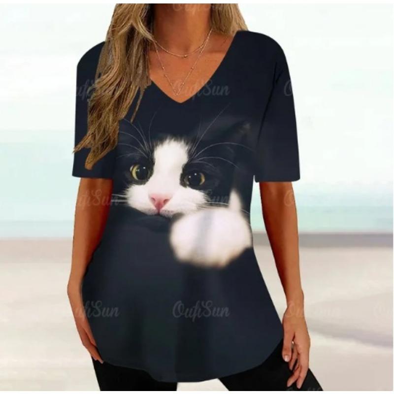 Summer V-neck 3D Cartoon Cat Printed Top Fashionable Casual Short Sleeved Women's T-shirts