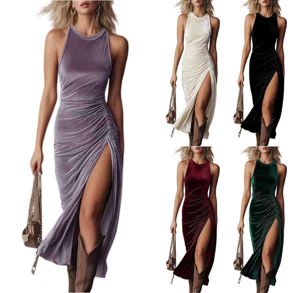Womens Summer Dresses Sleeveless Ruched Velvet Split Hem Design Summer Dresses for Women Vacation Dresses for Women 2026 Elegant Dresses for Women