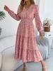 Women Elegant Floral V Neck Long Sleeve High Waist Ruffled A Line Long Dress