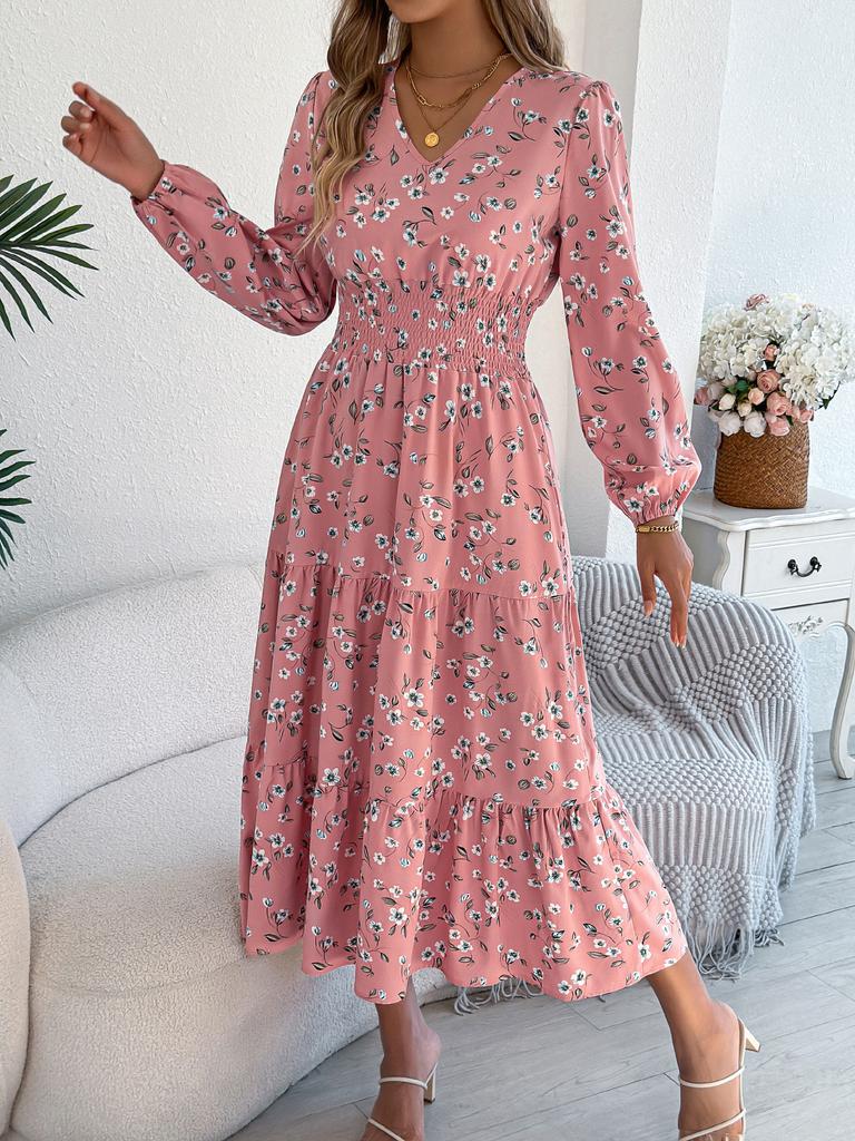 Women Elegant Floral V Neck Long Sleeve High Waist Ruffled A Line Long Dress