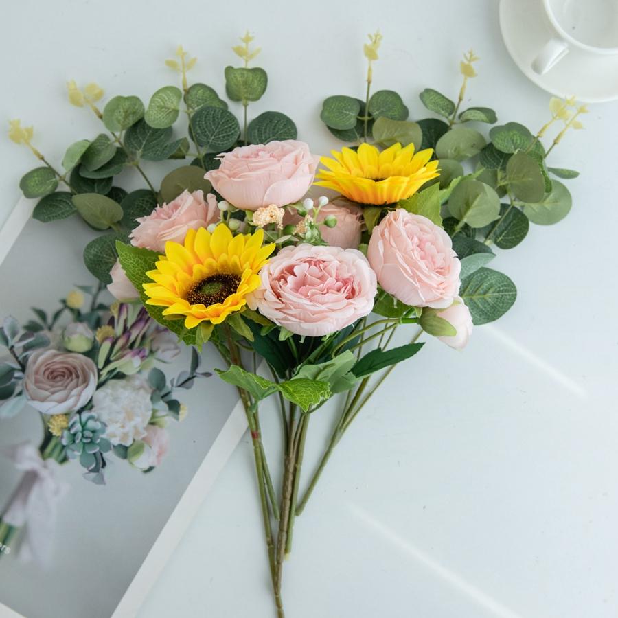 

Silk Artificial flower green plants Sunflower Eucalyptus Home Christmas Wedding Decoration Wedding Bride Bouquet diy Combination 1pc
