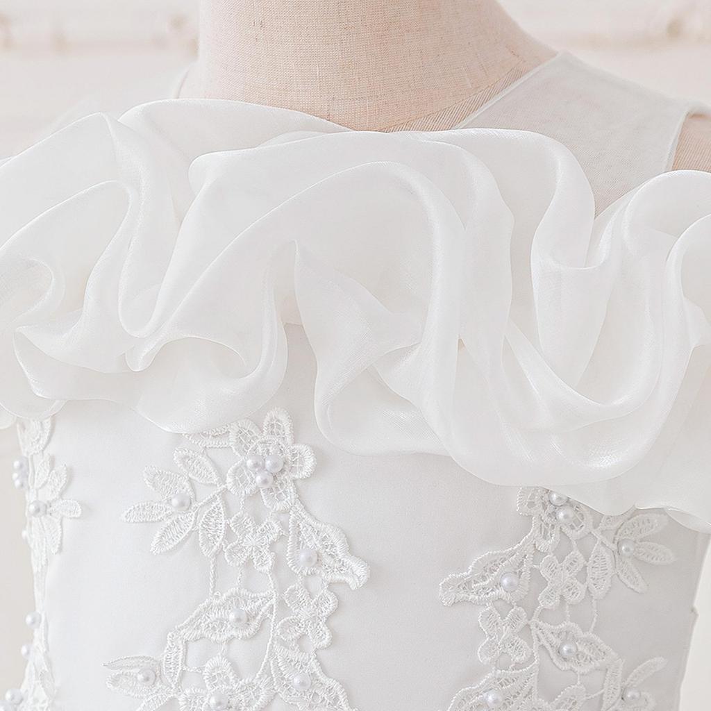 Abito da Principessa Ricamato con Perle per Bambina 4-12 Anni Moda Spalle Scoperte Manica a Sbuffo Abito in Rete Compleanno Matrimonio Damigella