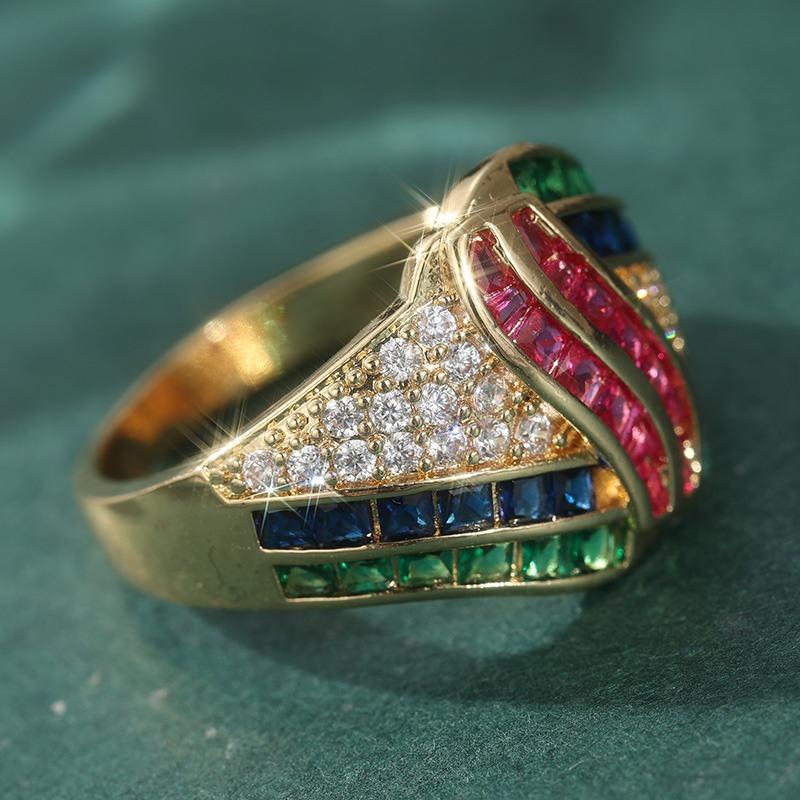 Dazzling Inlaid Multicolored White CZ Women's Ring Trendy Gold Color Geometry Daily Wear Party Jewelry Anniversary Gift