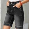 Womens Bermuda Jean Shorts High Waisted Tummy Control Stretch Denim Knee Length Shorts with Pockets