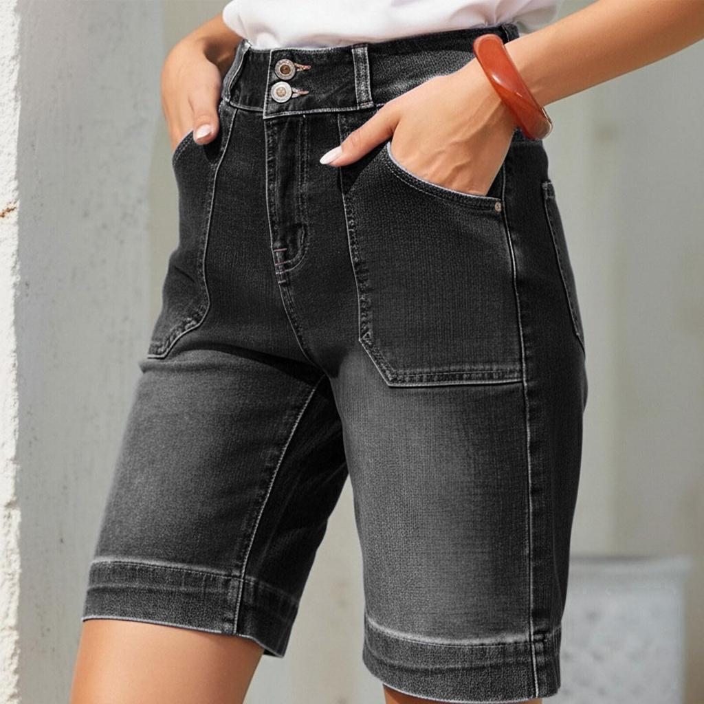 Womens Bermuda Jean Shorts High Waisted Tummy Control Stretch Denim Knee Length Shorts with Pockets