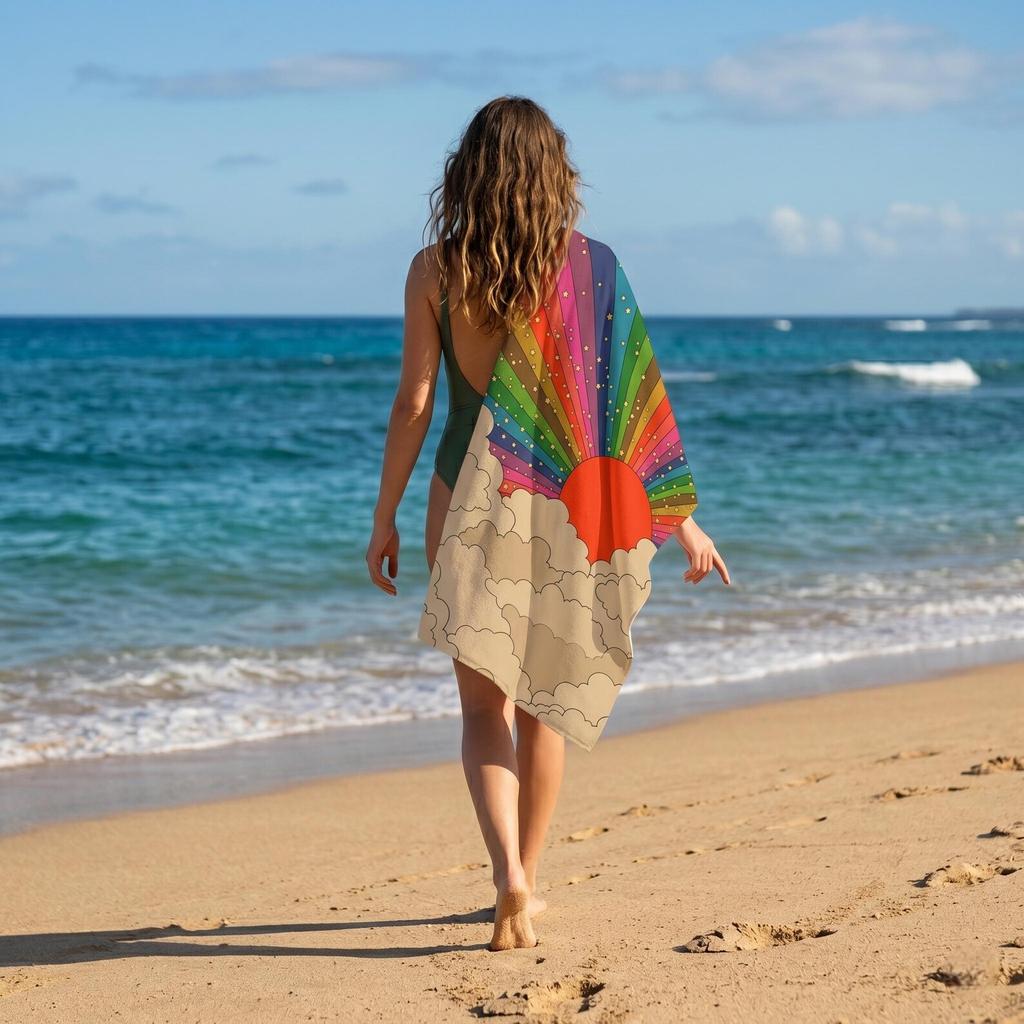 Retro Regenbogen Strandtuch 70er Groovy Sonne und Wolken Sommer Badetücher Badezimmerartikel Baby Sauna Spa Für Zuhause Reise Playa Fitnessstudio