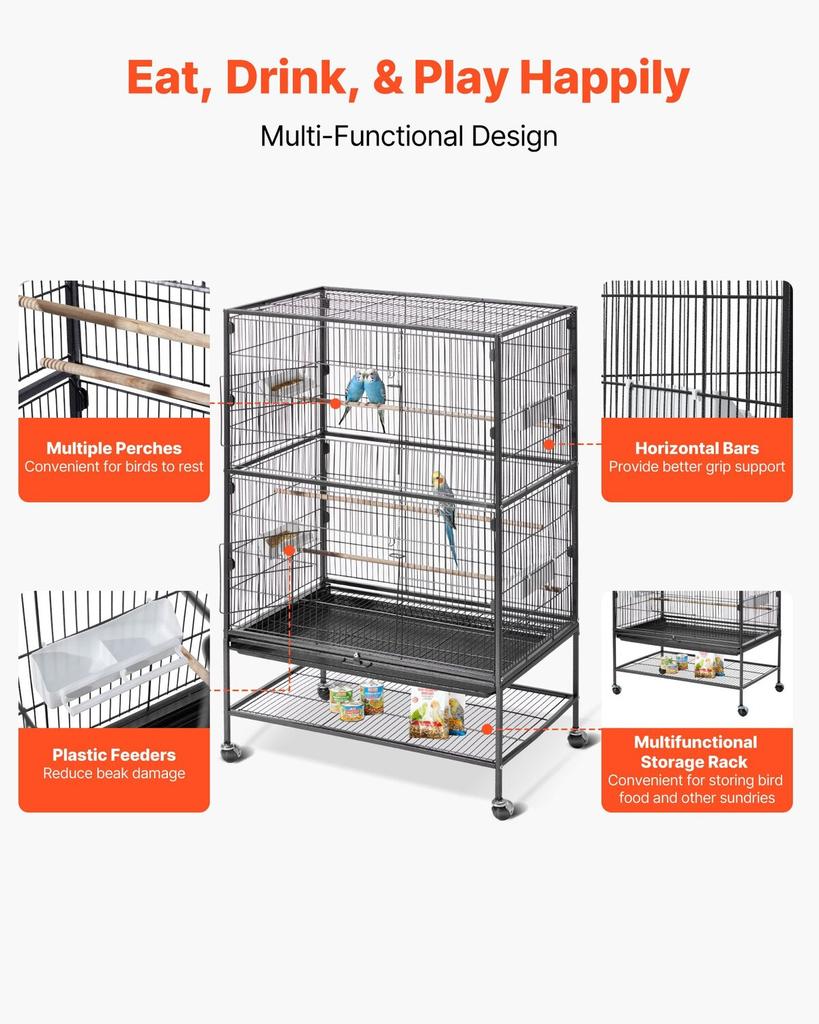 Bird Cage, 800 x 520 x 1320mm, Flat Top, Wrought Iron Bird Flight Cage with Perches, Slide-Out Tray and Plastic Feeders, Casters, for Parrot, Blue
