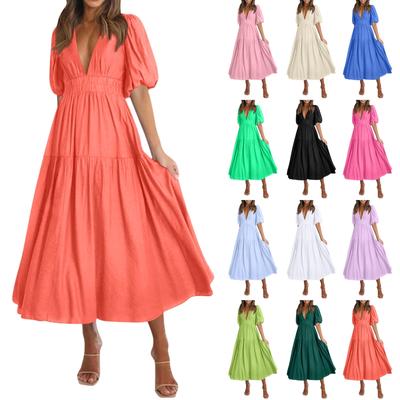 Puff Sleeve Vacation Dress For Women Summer  Deep V Neck Casual Short Sleeve A-Line Maxi Dresses