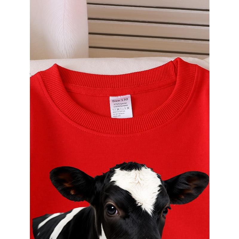 European sizes Kids' Crewneck Sweatshirt Black And White Cow Pattern Print , Sportswear And Casual Wear, Soft And Comfortable, Children's Clothing