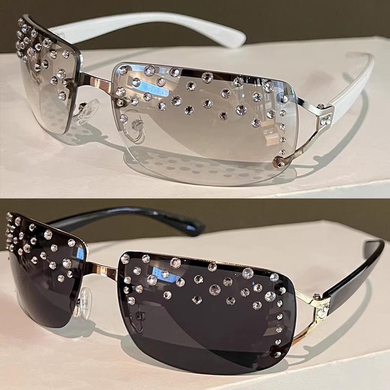 American Sweet Cool Frameless Diamond Studded Sunglasses for Women Rhinestone Shining Sun Glasses  Blue Light Blocking Glasses