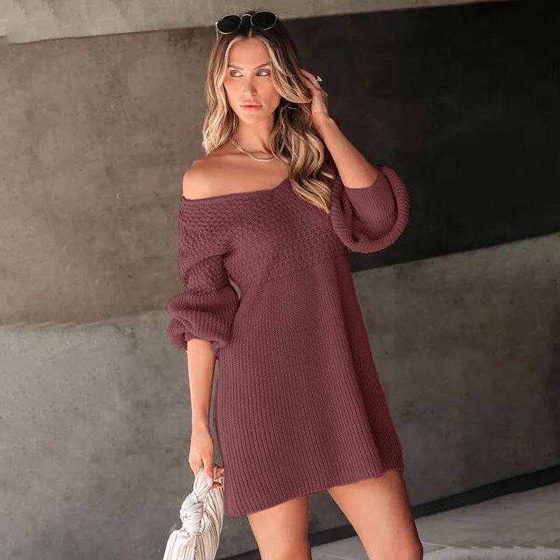 TEMU Autumn 2026 Puff Sleeve Solid Knit V-neck Sweater Dress - European & American Christmas Edition