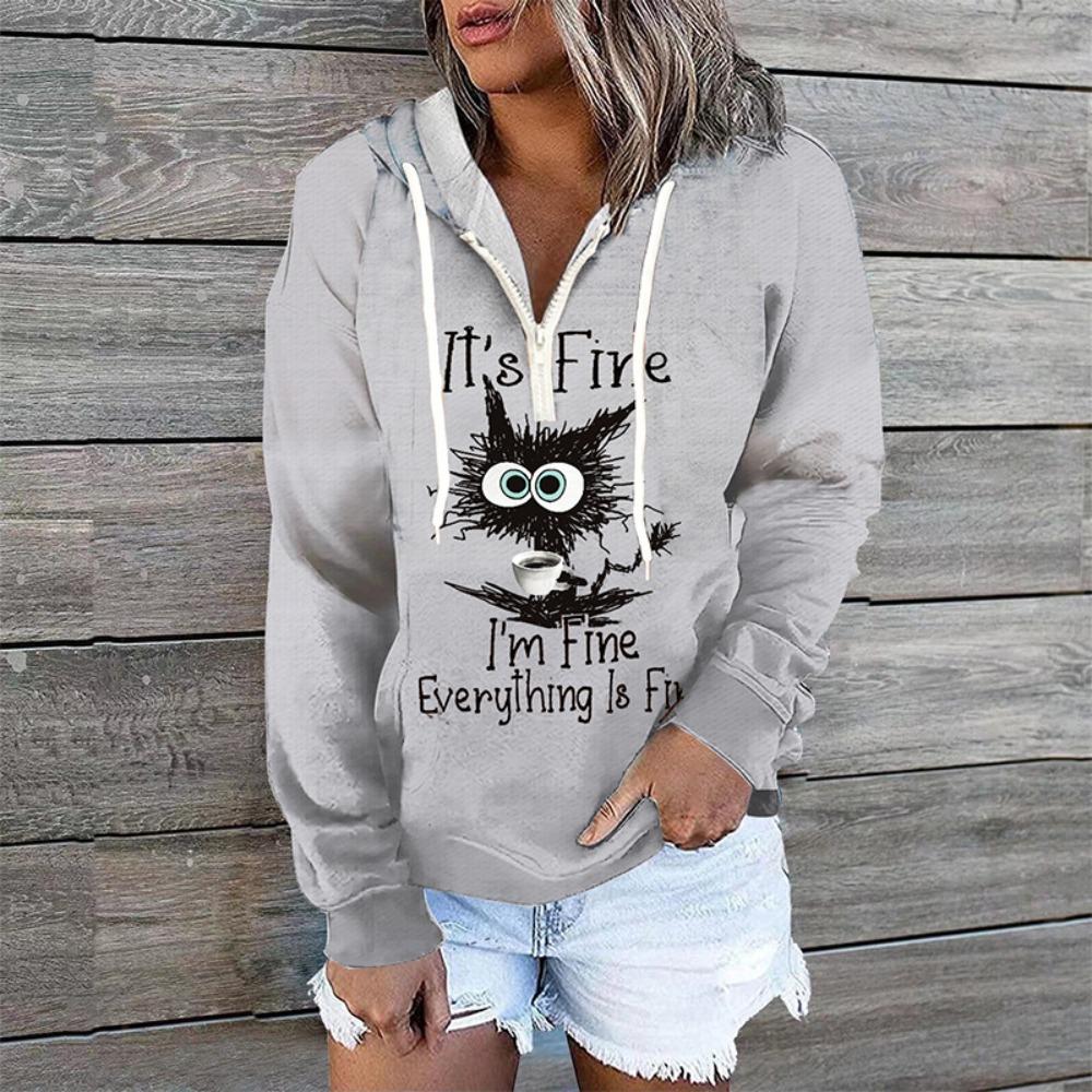 Women Plus Size Pullover Hoodie Long Sleeve Round Neck Cute Cat Cartoon Printed Sweatshirt