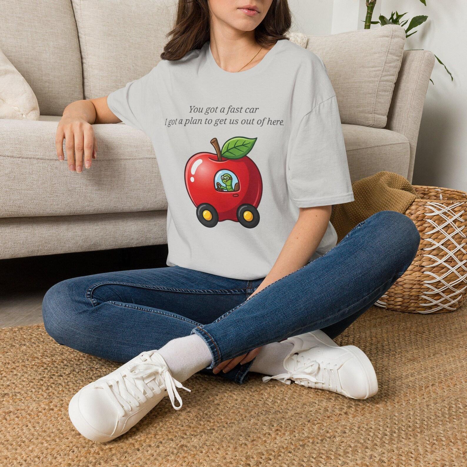 Fast Car Plan Getaway T-Shirt; Whimsical Apple Camper Road Trip Tee; Funny Escape Travel Quote Apparel S