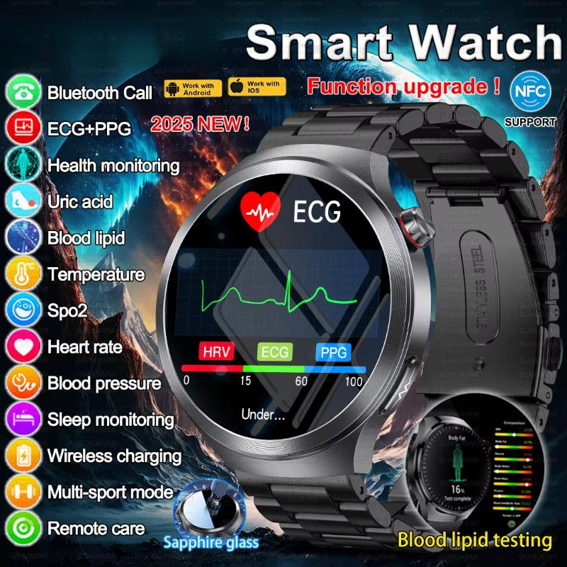 2025 New Uric Acid Blood Pressure Blood Oxygen Body Analysis Smart Watch ECG+PPG Clock Bluetooth Call Smart Watch Men Fatigue Monitoring