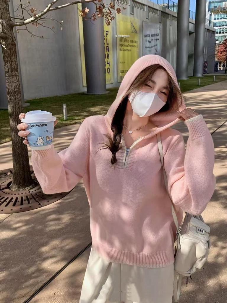 Color-Block Retro Half-Zip Hooded Pullover Sweater for Women - Autumn/Winter Hong Kong Style Knitwear