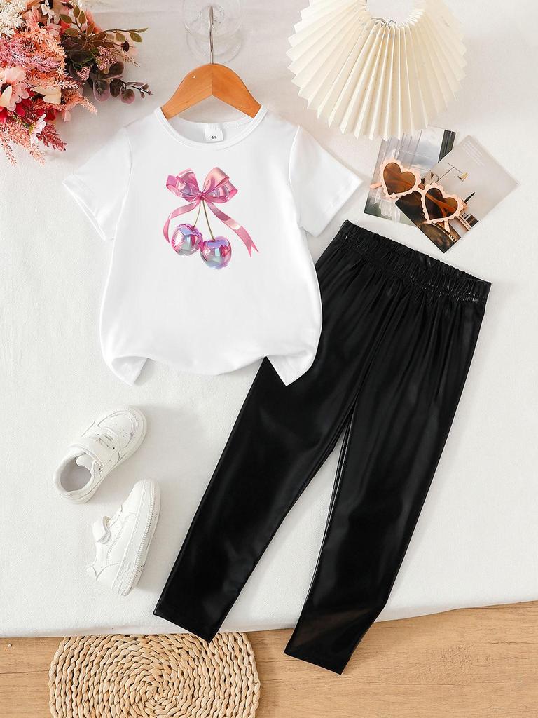 Summer Girls' Two-Piece Set: Fashionable Printed Short Sleeve Top & Long Pants