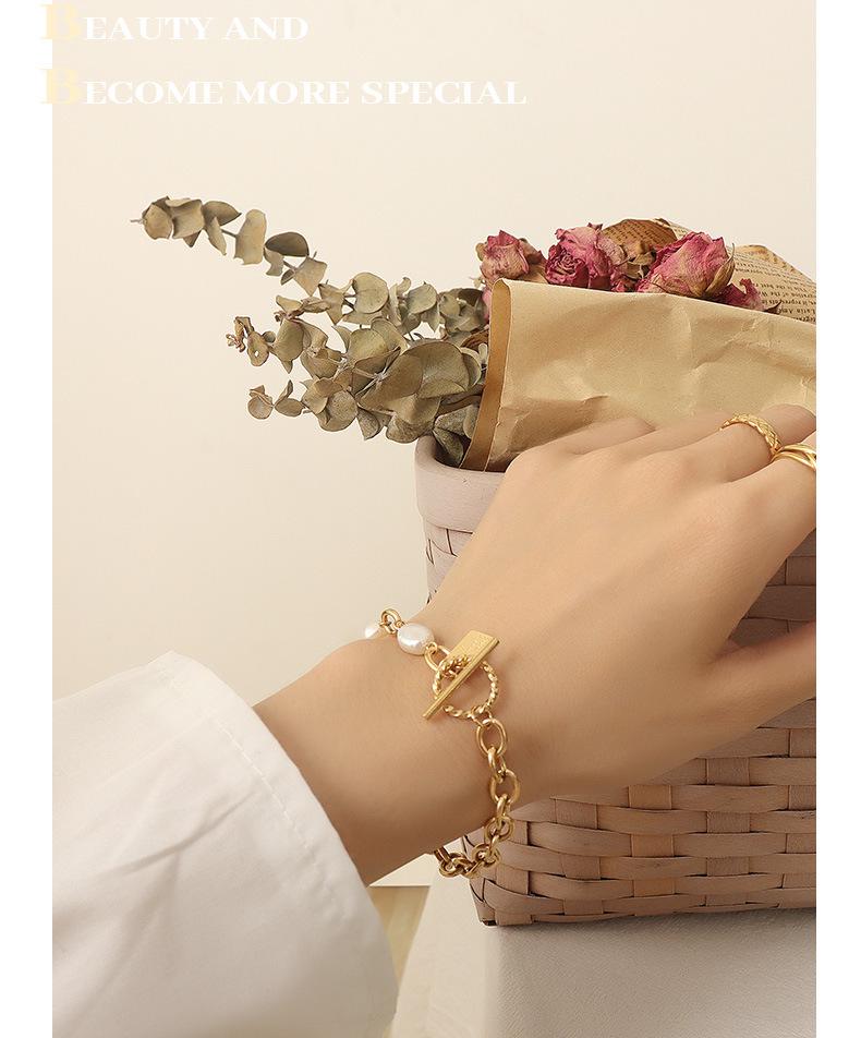 European & American OT Buckle Geometric Square Plate Freshwater Pearl Gold Christmas Bracelet for Women, Titanium Steel Jewelry