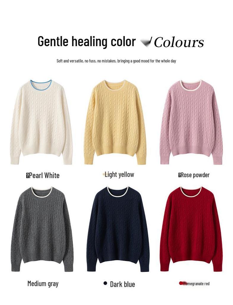Women's Cashmere Color Block Cable Knit Sweater - Round Neck, Long Sleeve, Loose Fit