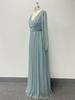 European Style Shiny Pleated Long Sleeve V-Neck A-Line Evening Gown