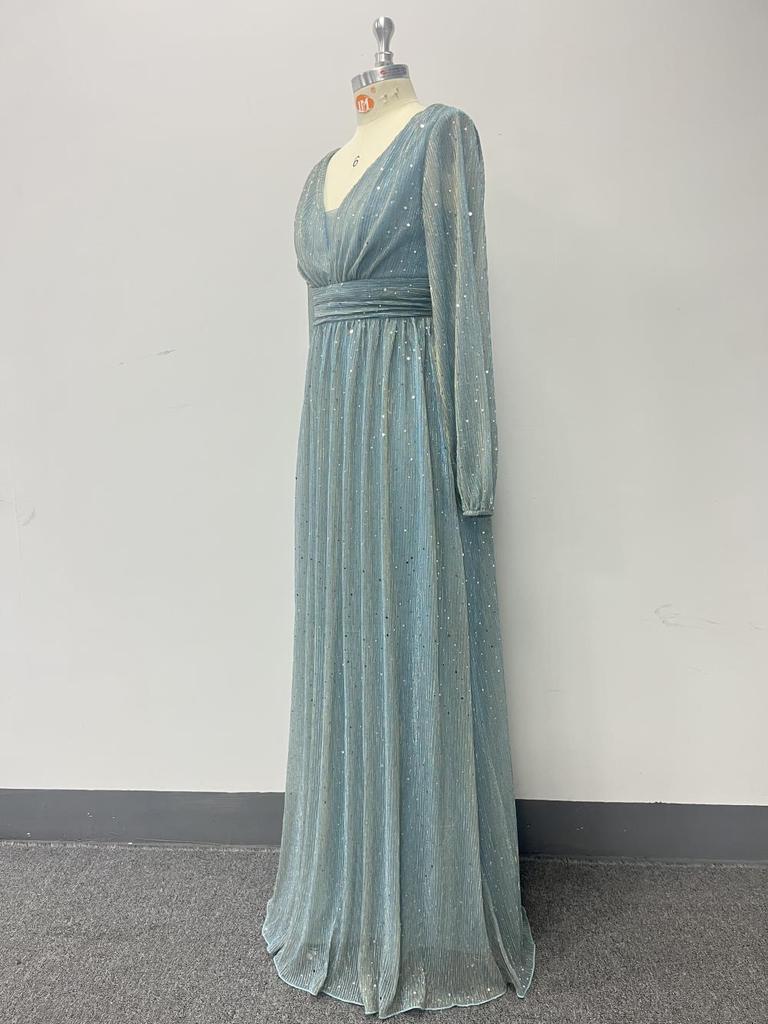 European Style Shiny Pleated Long Sleeve V-Neck A-Line Evening Gown