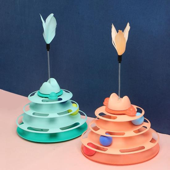 Cat Ball Track Toy Interactive Cat Ball Toy with Spring Feather Teaser 3-Tier Ball Track Cat Teaser for Indoor Cats And Kittens Exercise Enrichment