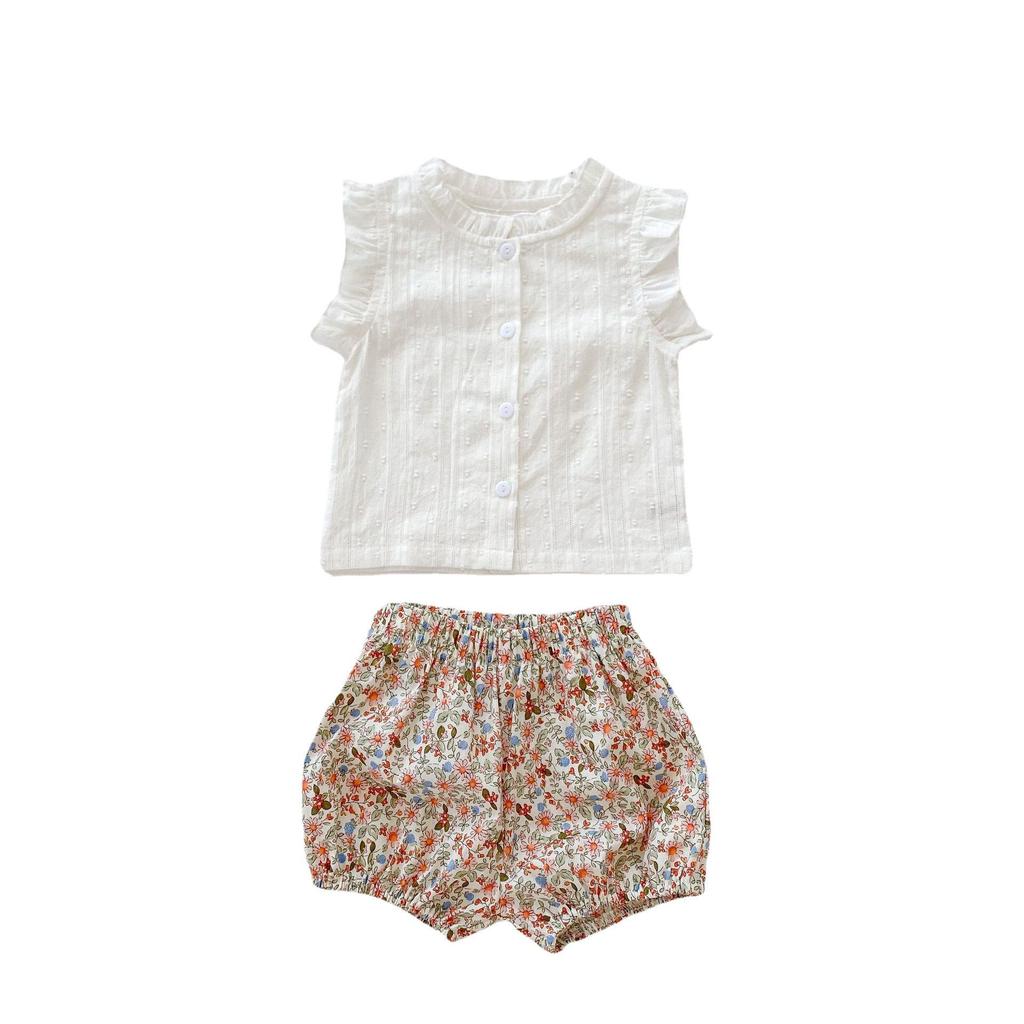 2025 Sommer Baby Mädchen Puffärmel Knopf Top & Blumenmuster Shorts Set