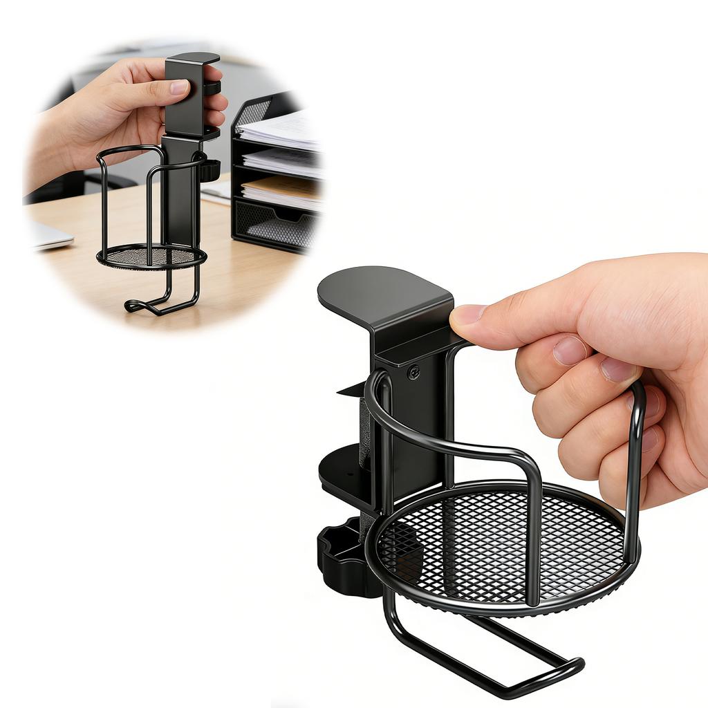 2 in 1 Clamp On Anti-Spill Cup Holder with Headphone Hanger Water Bottle Stand Easy To Install for Coffee Mups Bottles