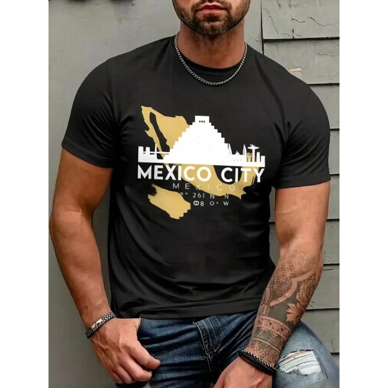 European Size Graphic Tee Mexico City Vintage Skyline Print Short Sleeve T-Shirt ,Casual Streetwear Retro Design for Men & Perfect for Daily Wear