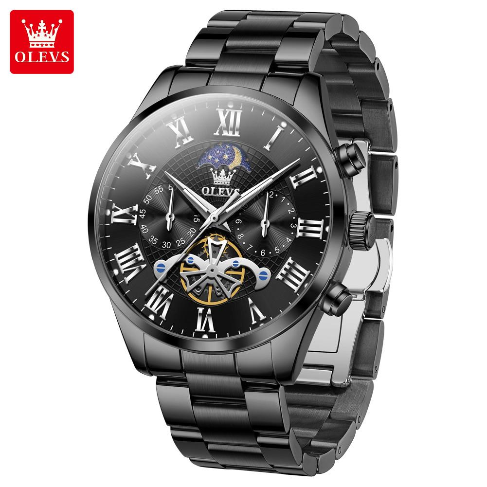 OLEVS 3640   Luxury   Moon Phase Stainless Steel Roman Waterproof  Style Quartz Watch for Man