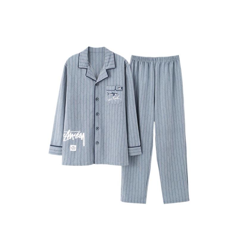 Baumwollpyjama Herren Langärmeliger Revers Herren Bequemes Set für Junge und Mittelalte Frühling und Herbst Homewear Übergröße