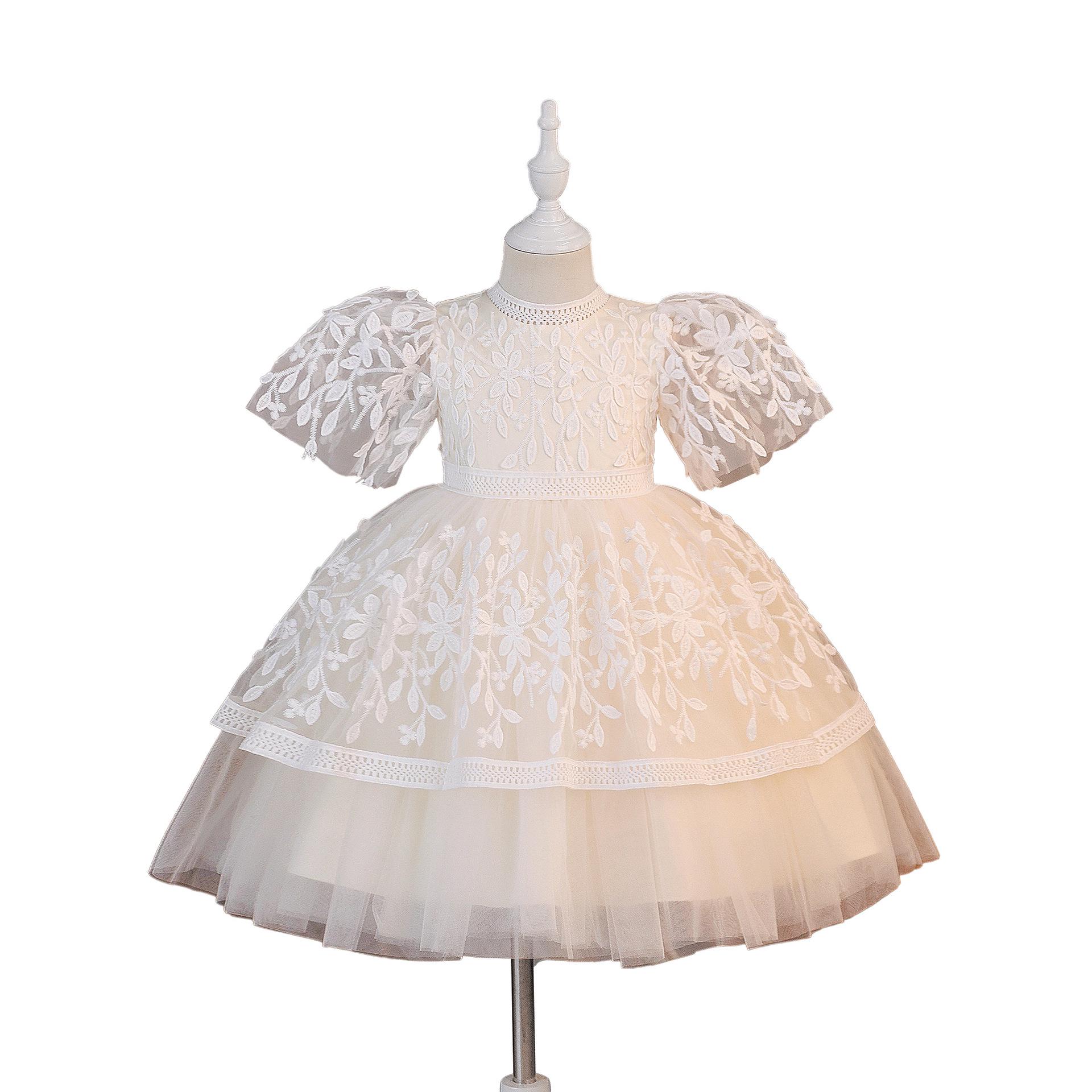 Mid-Length Girls White Princess Dress with Puff Sleeves for Summer 140cm/7 Years