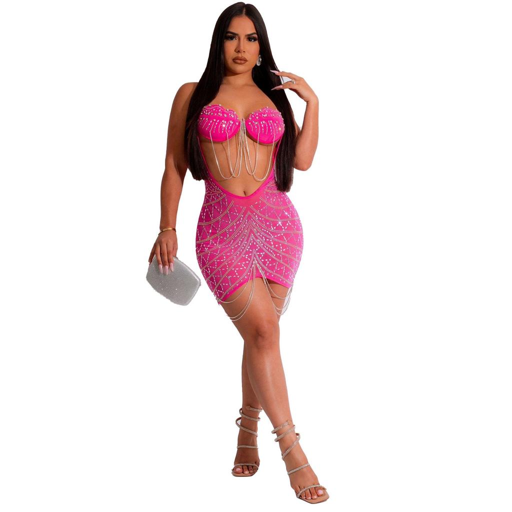 European & American Sexy Diamond Tassel Slimming See-Through Dress K2735