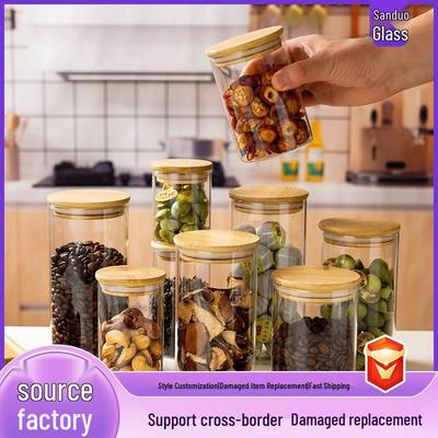 Round Transparent Airtight Glass Jar with Bamboo Lid for Kitchen Grains Storage