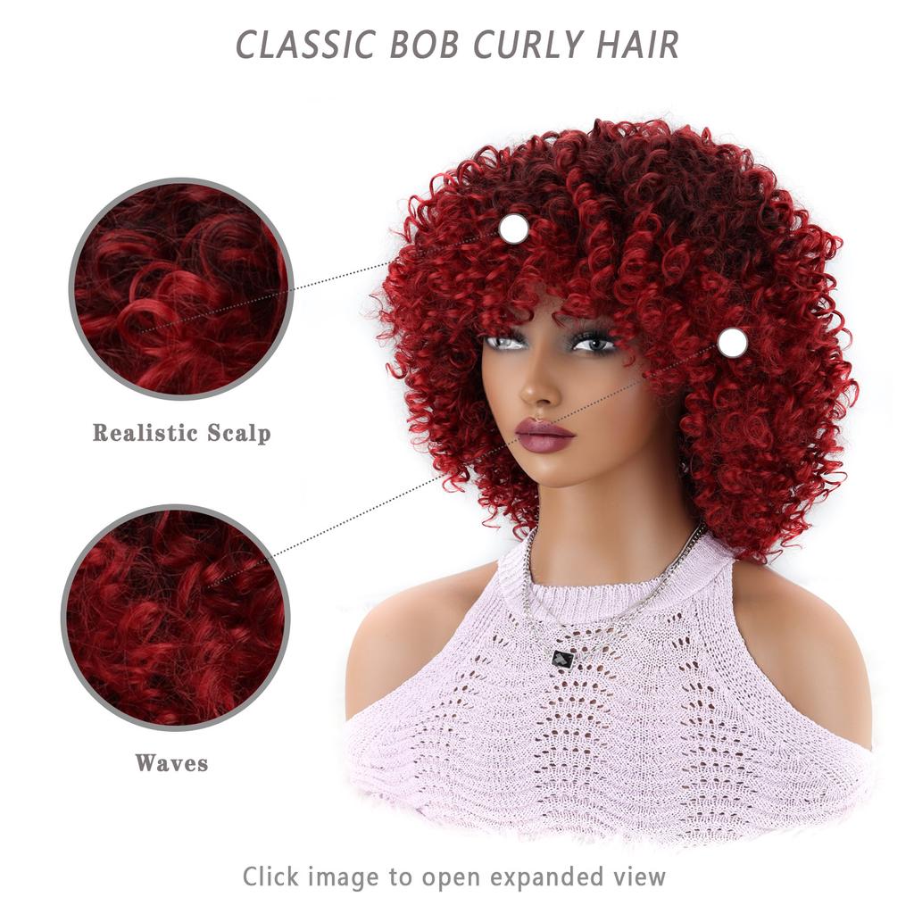 Curly Wigs for Women -Curly Wig with Bangs Natural Black Hair Synthetic Heat Resistant Full Wigs