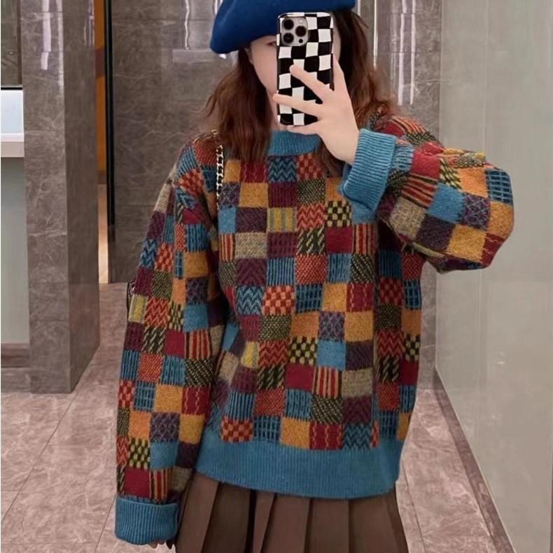 

Винтажный клетчатый свитер для женщин 2024 года с круглым вырезом, осень и зима, свободный длинный рукав, плюшевый трикотажный свитер, пуловер, женские топы One Size синий