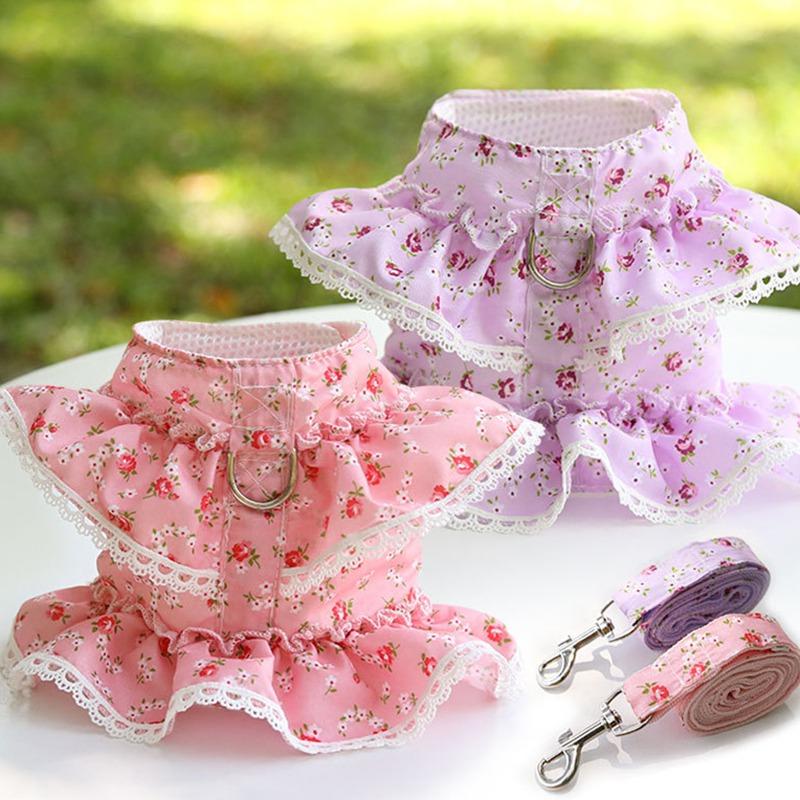 Hunde-/Katzengeschirr-/Leinen-Set, verstellbare Spitze, floral bedruckt, Haustiergeschirr, Weste, süßes Hundekleid, Pubby-Netzgeschirr, Katzen-Leine