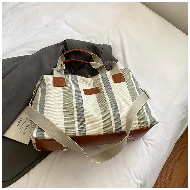 New Striped Short Trip Bag Women's Japanese Canvas Hand Luggage Large Capacity Shoulder Crossbody Bag